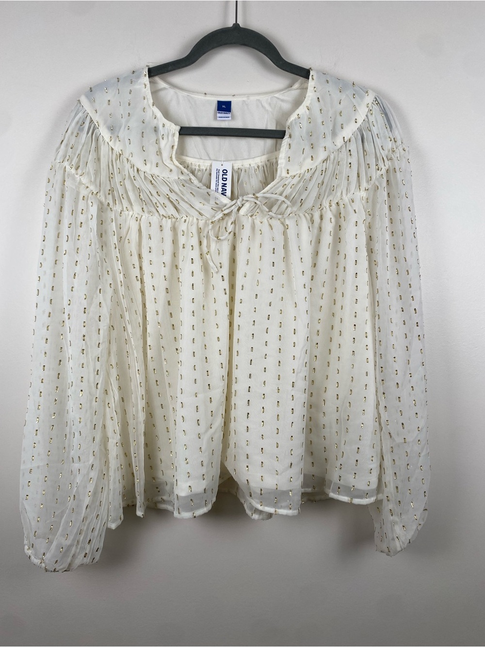 NWT Old Navy Cream Metallic Dot Peasant Blouse XL